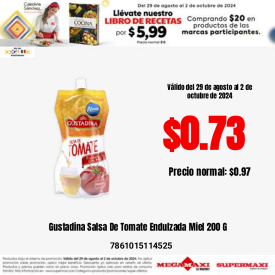 Gustadina Salsa De Tomate Endulzada Miel 200 G