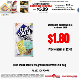 Club Social Galleta Integral Multi Cereales 9 X 24g